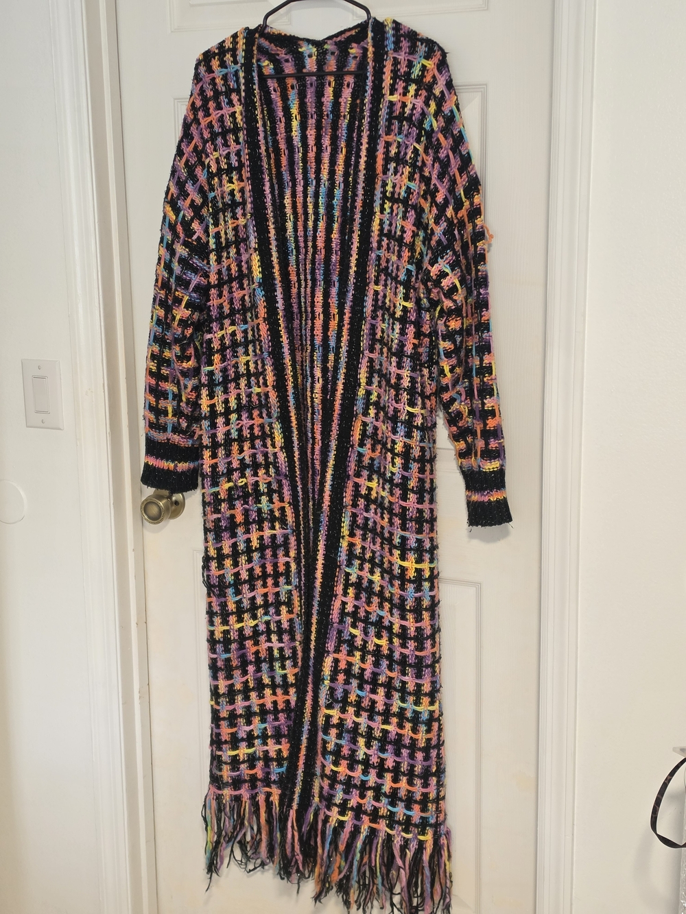 Long Multicolor Fringe Knit Cardigan — Black Base with Rainbow Accents